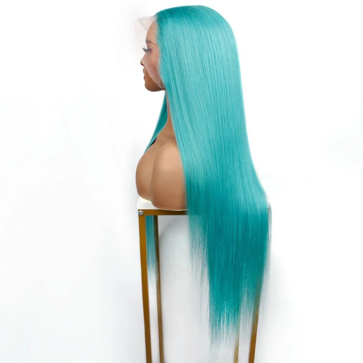 Aqua Blue Straight 13x4 Transparent Lace Front Wig - Image 4