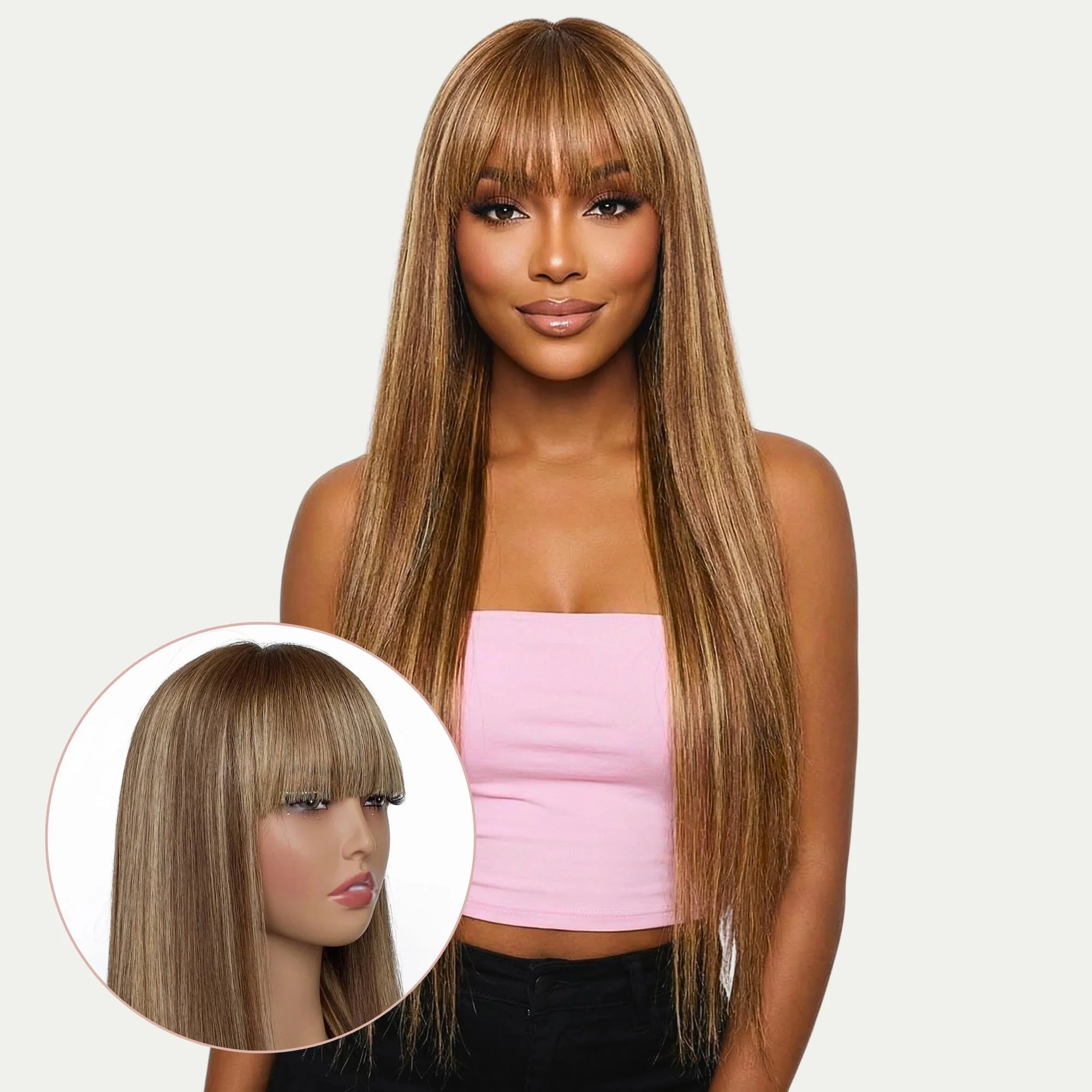 Light Highlight Straight 13x4 Transparent Lace Front 100% Human Hair Bang Wig