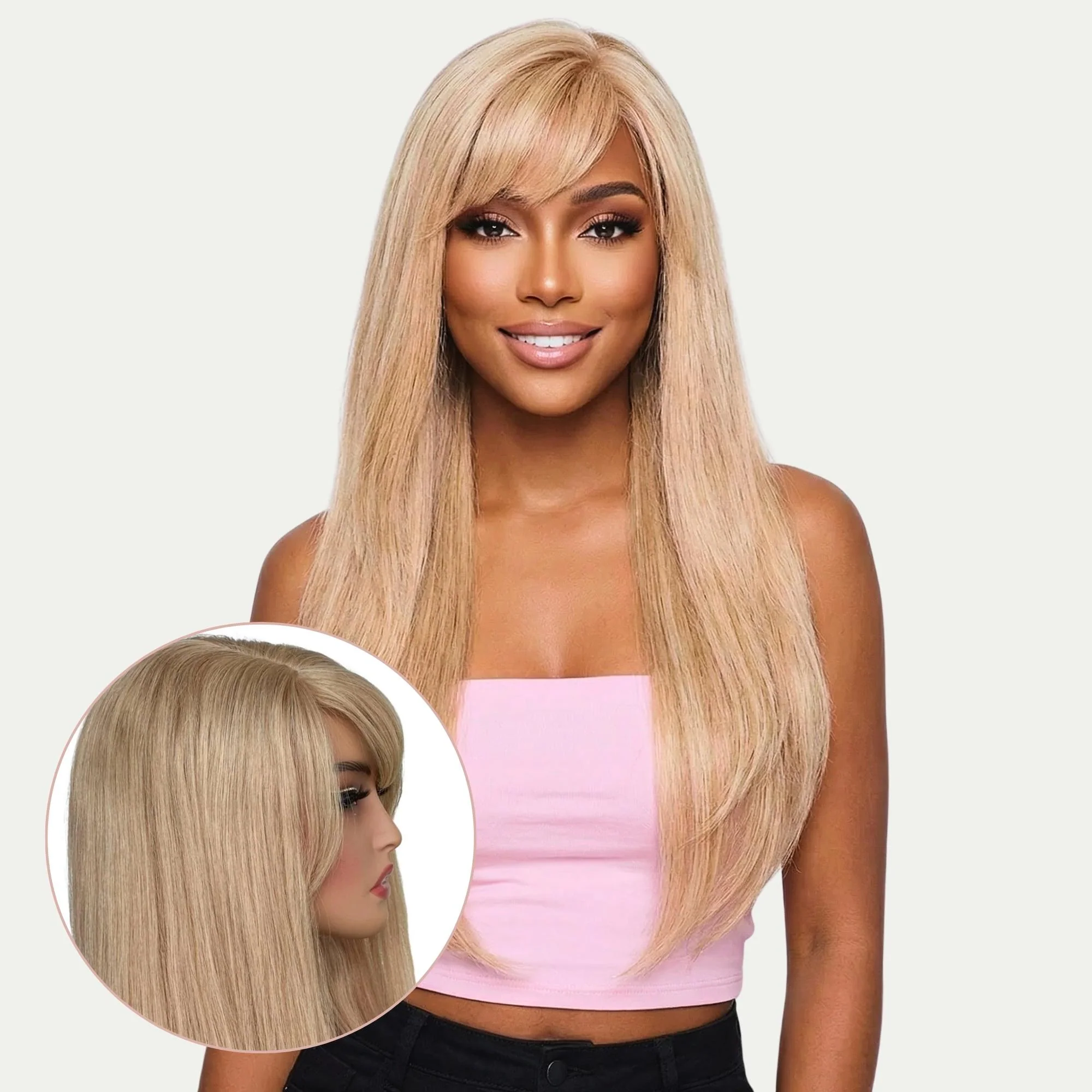 Medium Ash Blonde Straight 100% Human Hair Capless Bang Wig